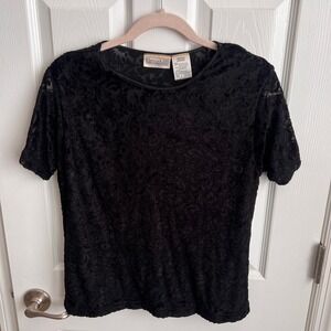 Christie Jill Black Velvet Floral Short Sleeve Top Women's Medium